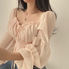 Load image into Gallery viewer, Early Spring French Minority Stringy Selvedge Lace-up Square-neck Cinched Bell Sleeve Chiffon Shirt Short Shirt
