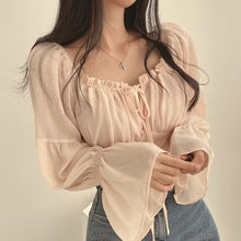 Load image into Gallery viewer, Early Spring French Minority Stringy Selvedge Lace-up Square-neck Cinched Bell Sleeve Chiffon Shirt Short Shirt
