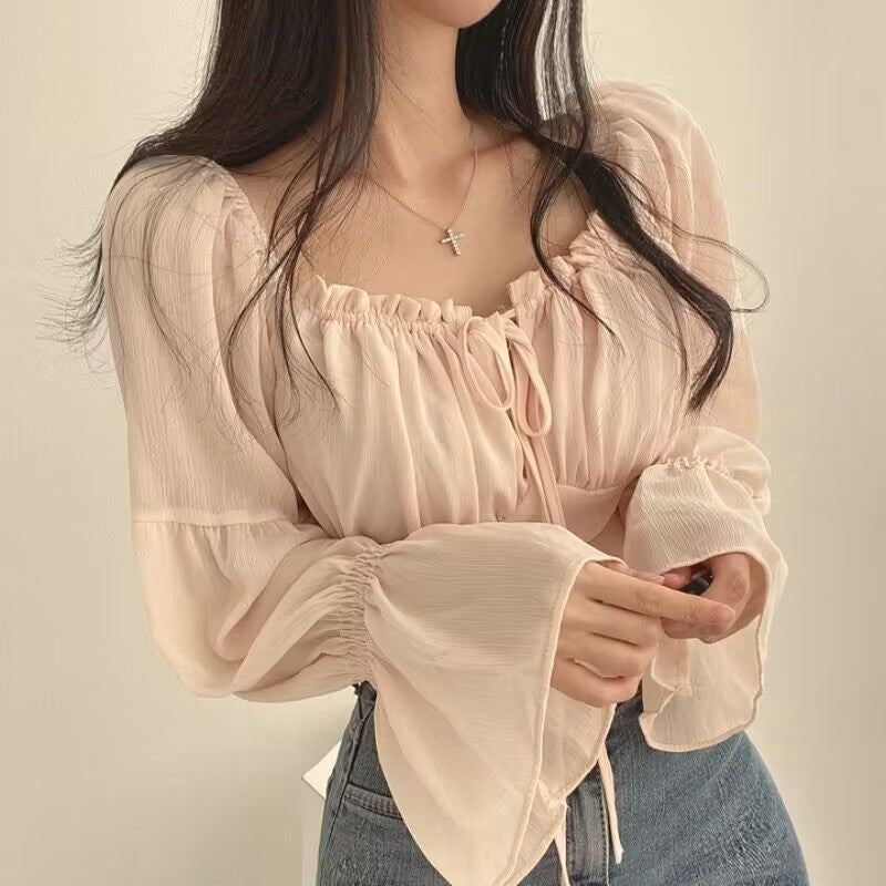 Early Spring French Minority Stringy Selvedge Lace-up Square-neck Cinched Bell Sleeve Chiffon Shirt Short Shirt