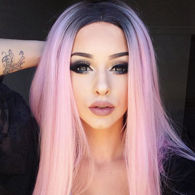 Long Straight Black Gradient LightPink Wig Headgear