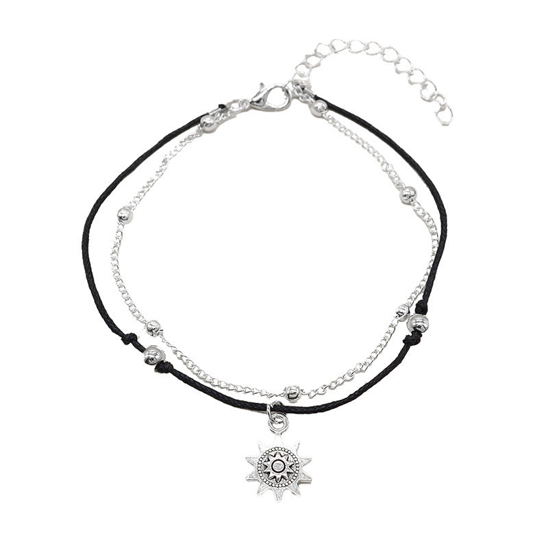 Stylish Beach Wind Bohemian Double Layer Antique Silver Sun Pendant Anklet