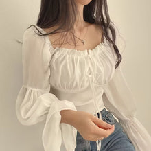 Load image into Gallery viewer, Early Spring French Minority Stringy Selvedge Lace-up Square-neck Cinched Bell Sleeve Chiffon Shirt Short Shirt
