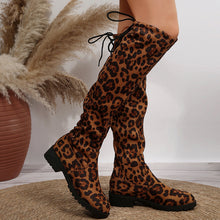 Load image into Gallery viewer, Sexy Leopard Over The Knee Boots With Back Lace-up Design Fashion High-tube Socks Shoes Winter Chunky Heels Long Boots
