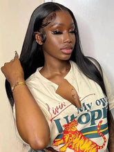 Load image into Gallery viewer, Black Medium Long Straight Hair Chemical Fiber T-shaped Front Lace Wig
