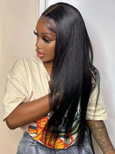 Load image into Gallery viewer, Black Medium Long Straight Hair Chemical Fiber T-shaped Front Lace Wig
