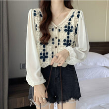 Load image into Gallery viewer, Hollow Lace Shirt Spring Fashion Long Sleeve Stitching
